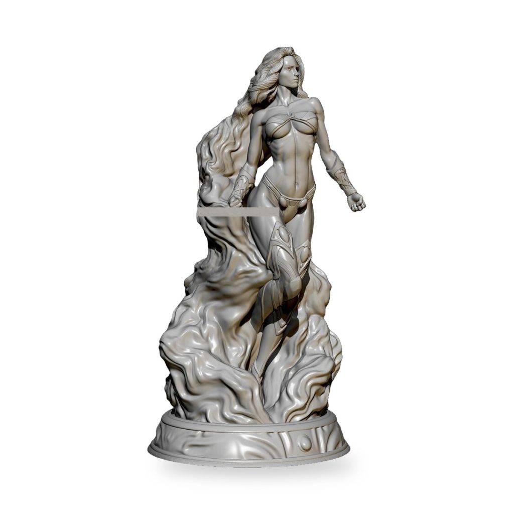 Unpainted white statue of female superhero with flowing hair and cape on base.