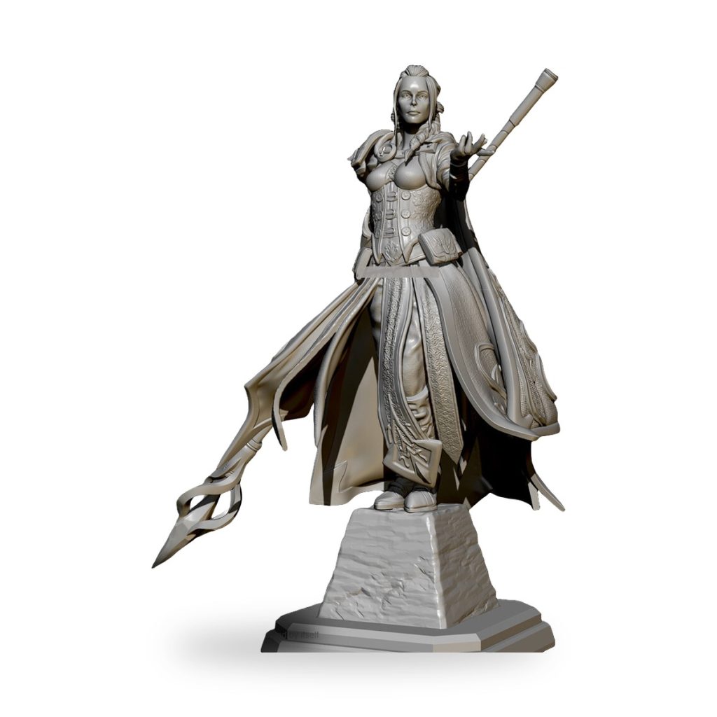 Unpainted fantasy mage sorceress figure with staff and flowing robes on stone base.