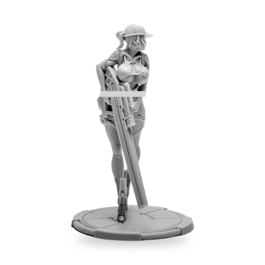 Unpainted female sharpshooter figure holding rifle on circular base.