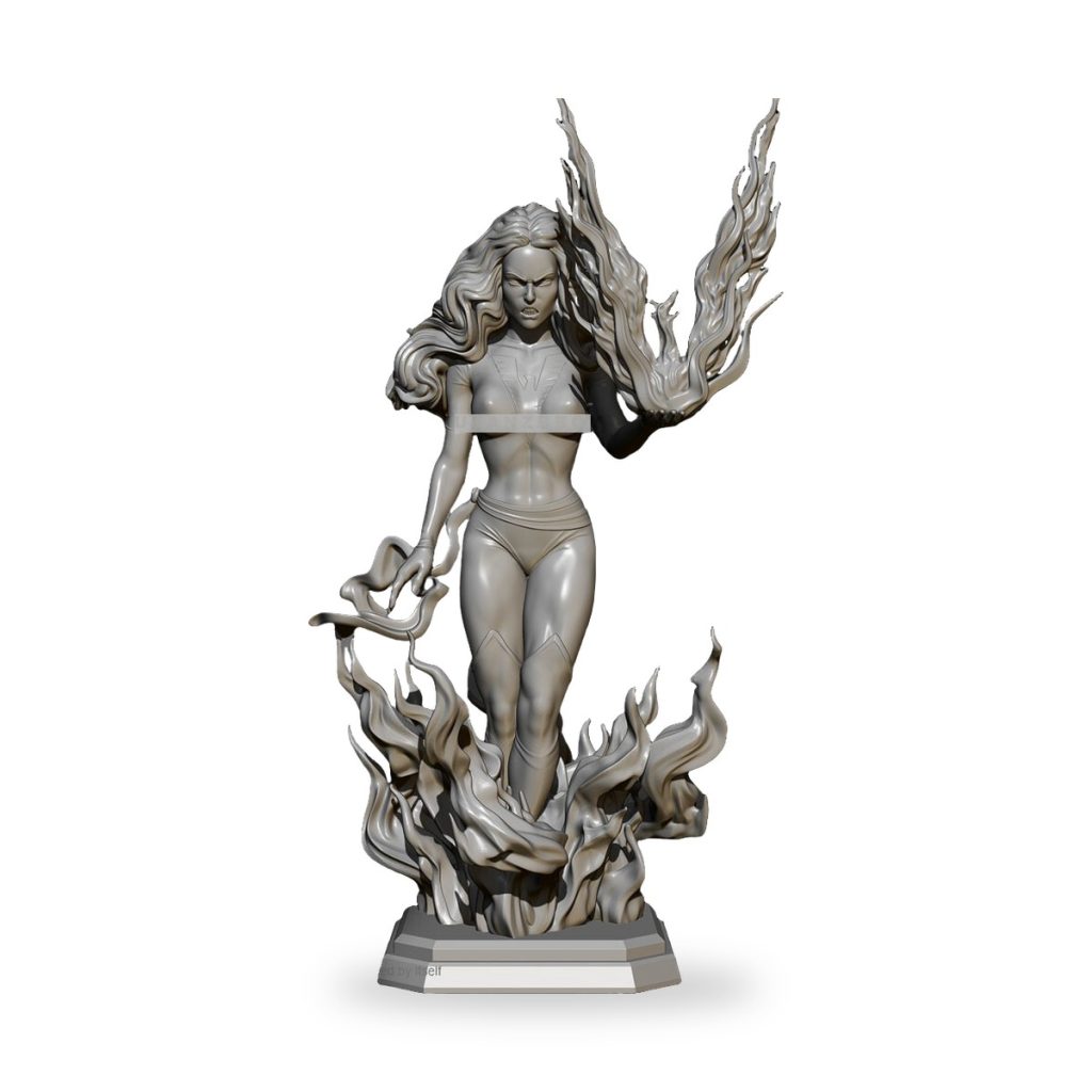 Unpainted resin figure of Fire Woman Goddess with flowing hair and flames.