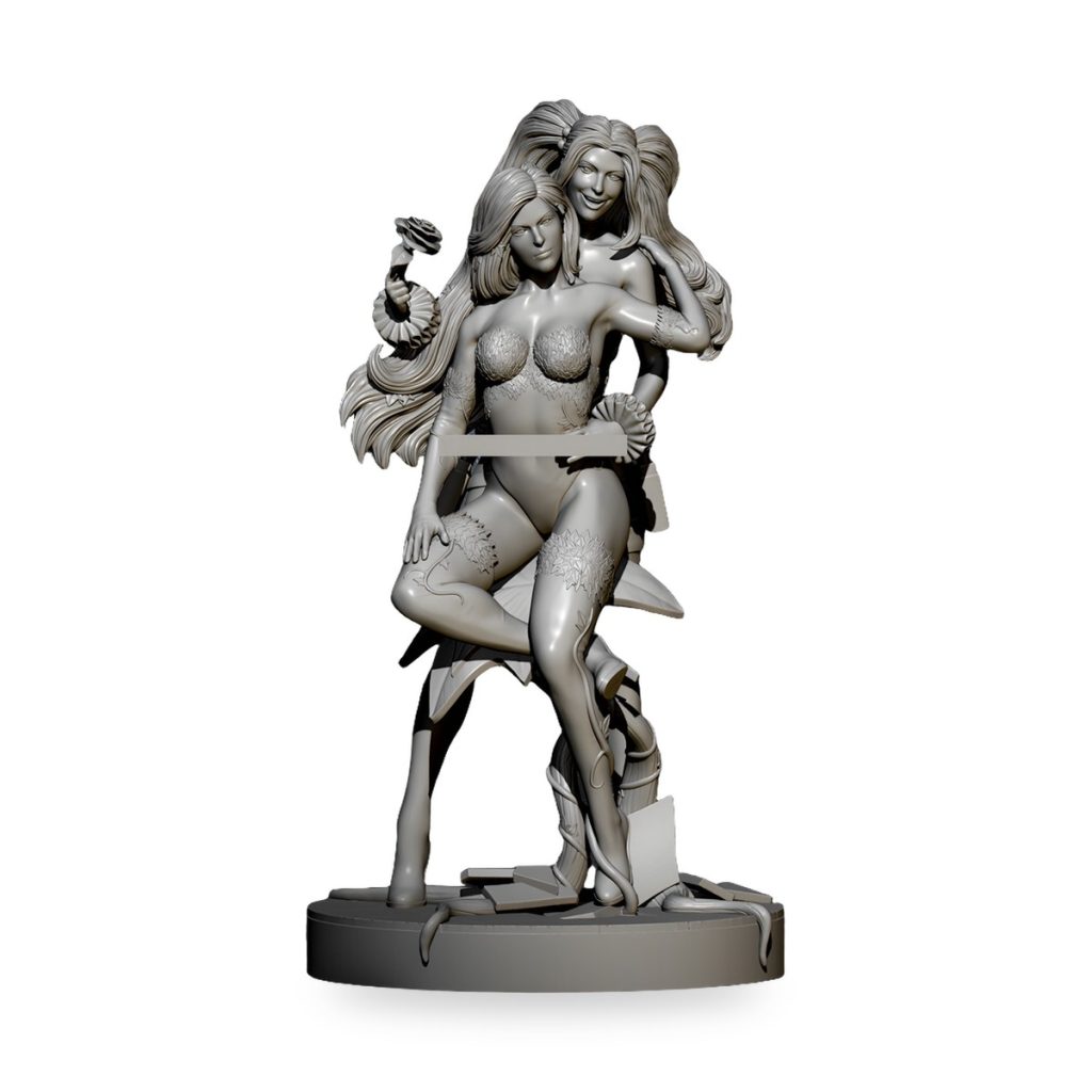 Unpainted resin figure of Harley Quinn and Poison Ivy embracing with roses.