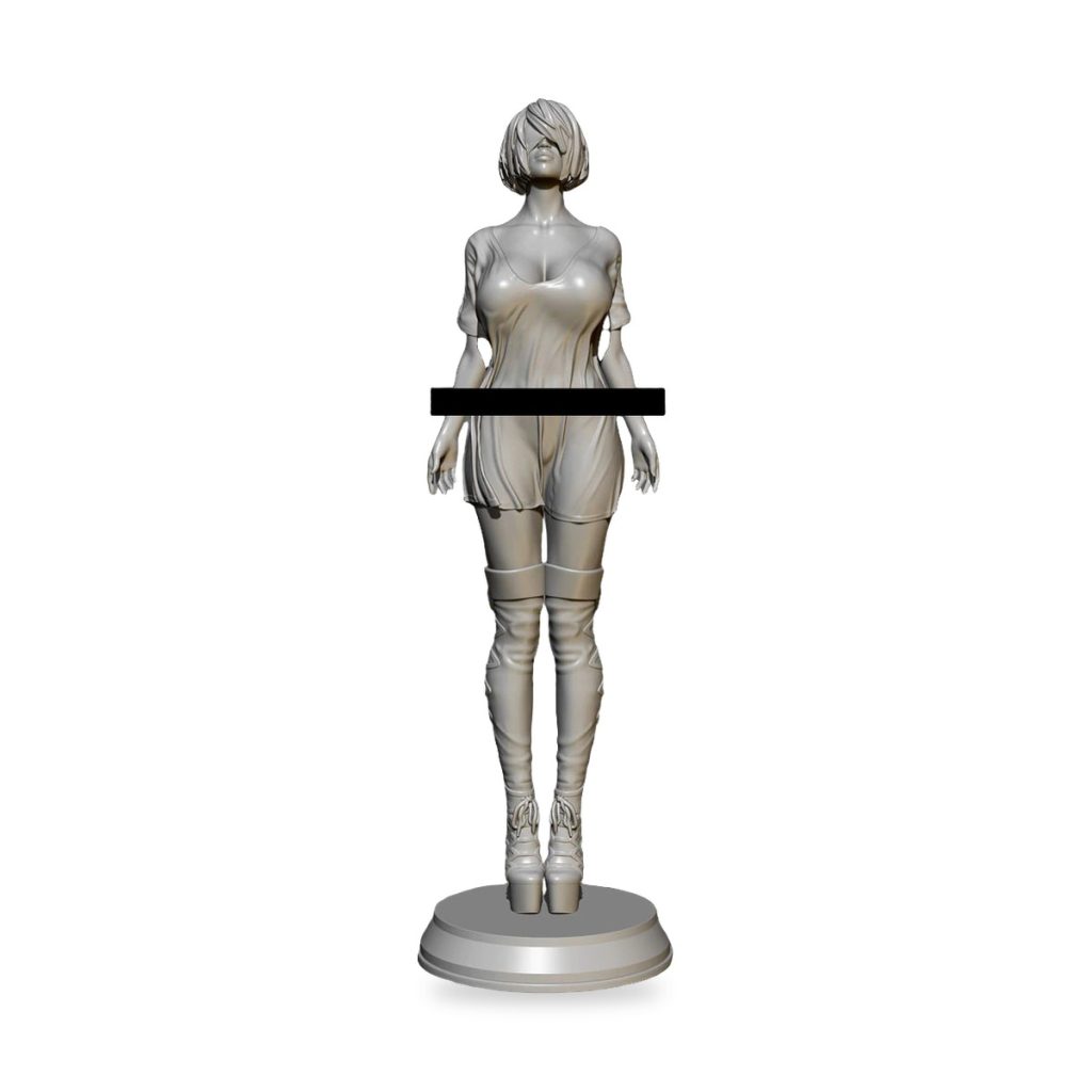 Unpainted white resin figure of blind female beauty in dress and boots on circular base.
