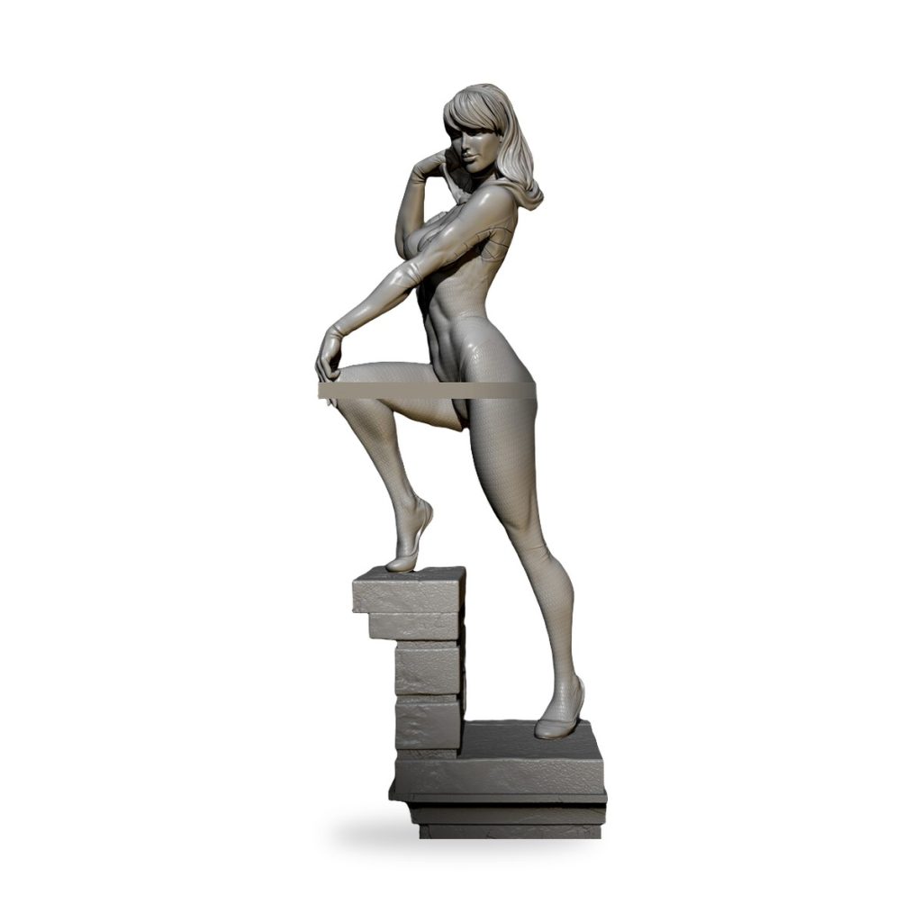Unpainted female superhero figure in hooded suit standing on stone block base.