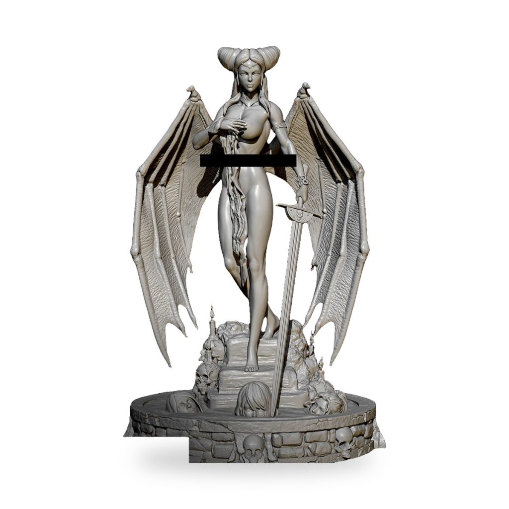 Unpainted Lilith Dragon Demon Queen figure with bat wings and sword on skull base.