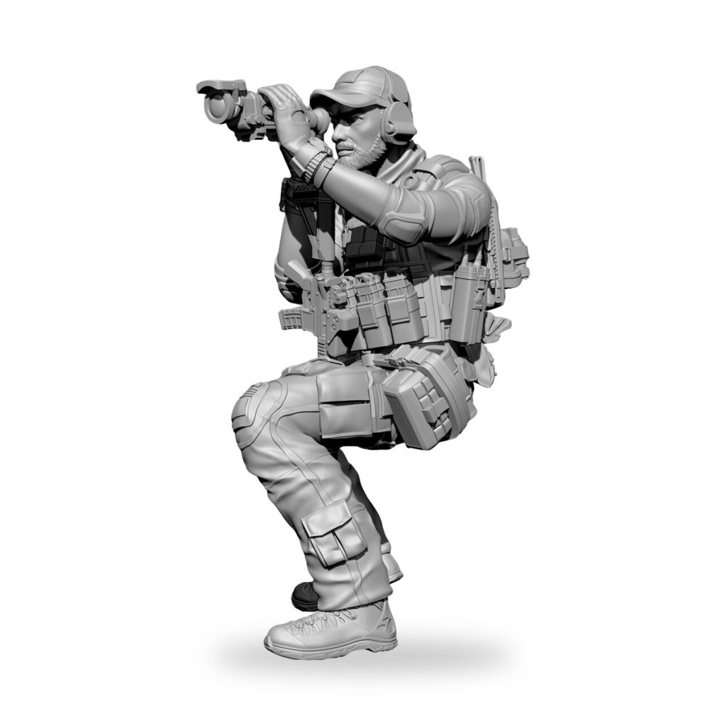 Unpainted US Special Forces soldier spotter figure in tactical gear with binoculars.