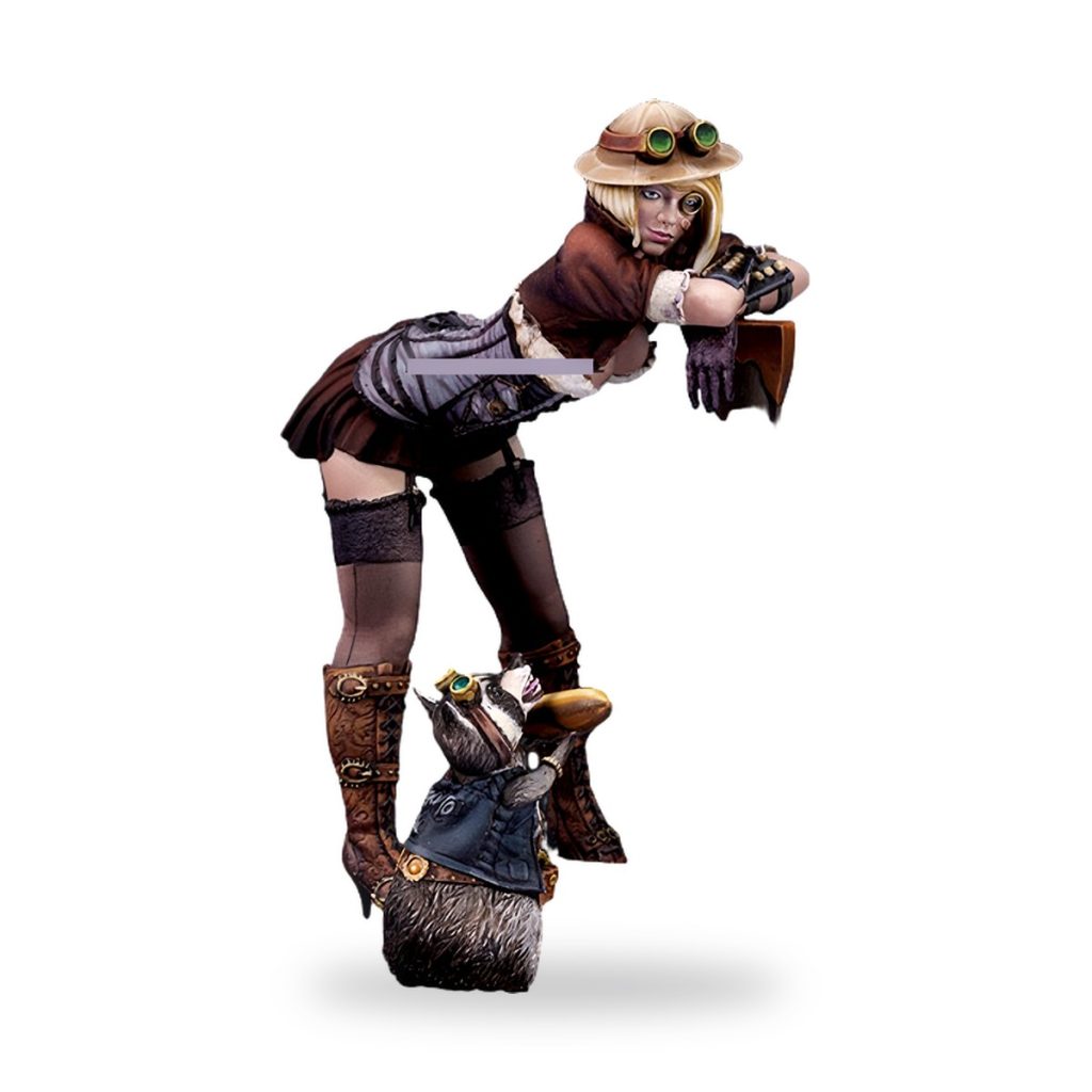 Unpainted steampunk woman bounty hunter figure with animal companion.