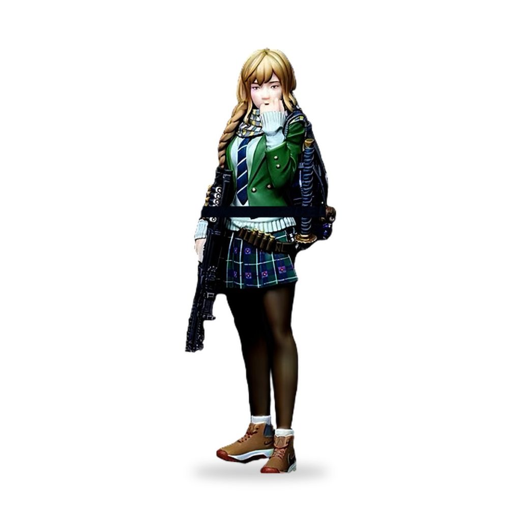 Unpainted resin figure of schoolgirl assassin with rifle and katana.