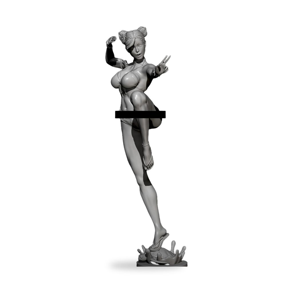 Unpainted Chun Li figure in street fighter bikini pose with peace sign gesture.