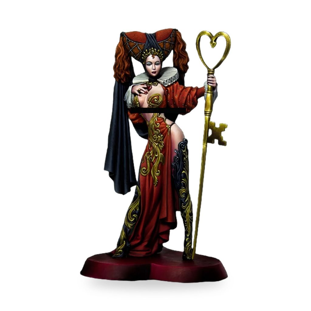 Unpainted Queen of Hearts figure in red and gold dress holding heart-shaped key.