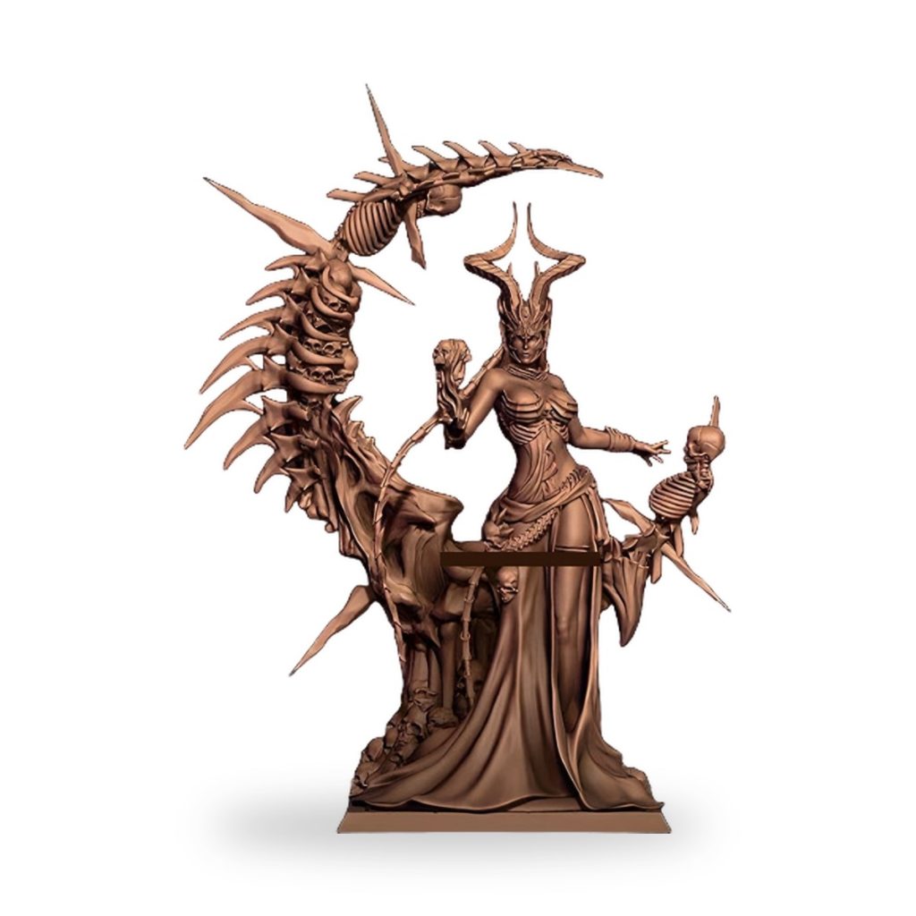Unpainted desert queen figure with skeletal wings and staff.