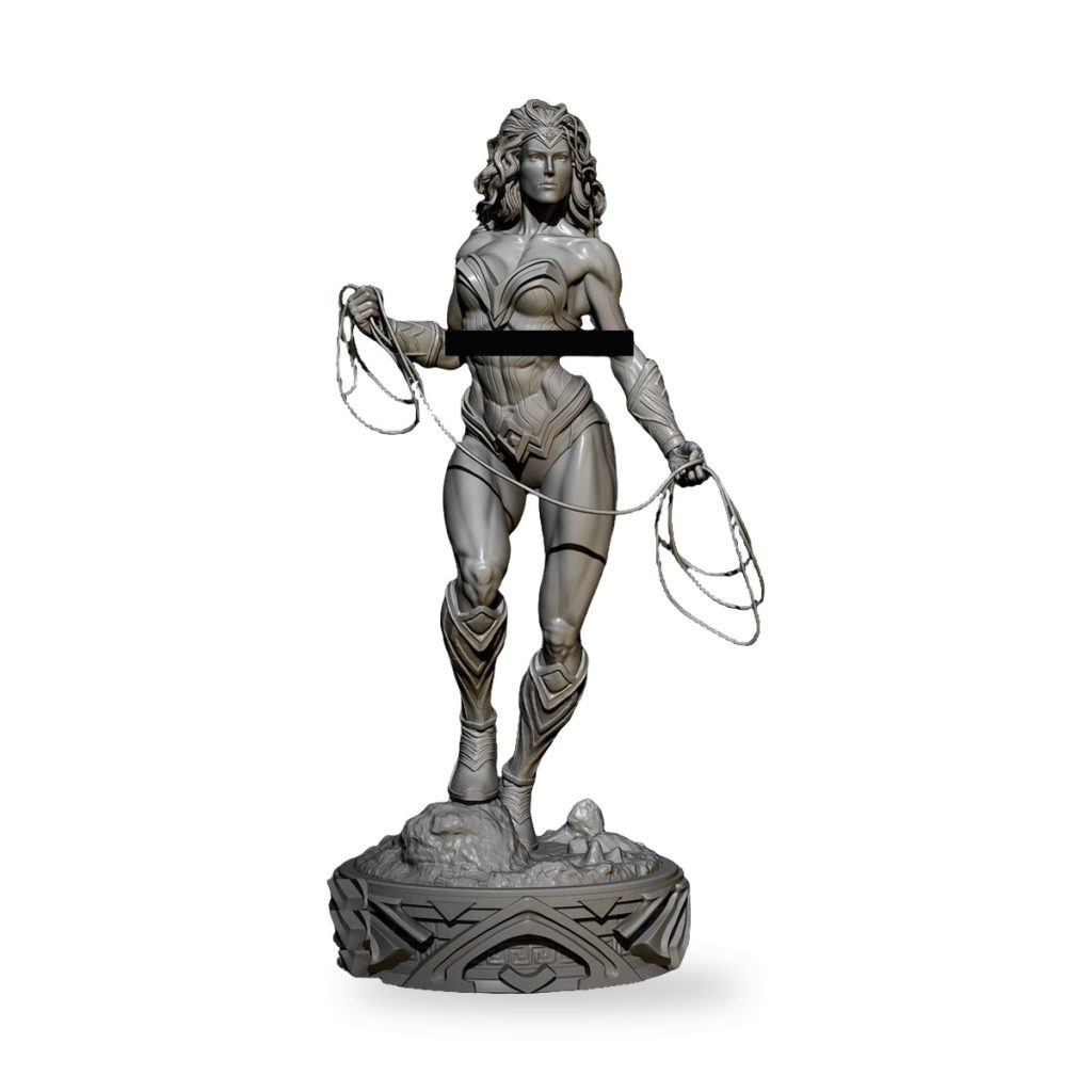 Unpainted Wonder Woman statue holding lasso on rocky base.