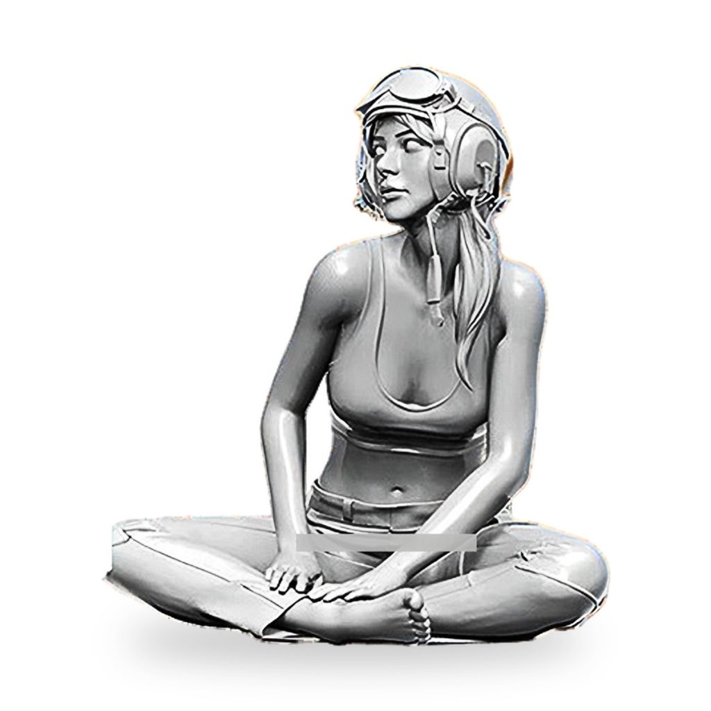 Unpainted female pilot figure in cross-legged pose with headset and goggles.