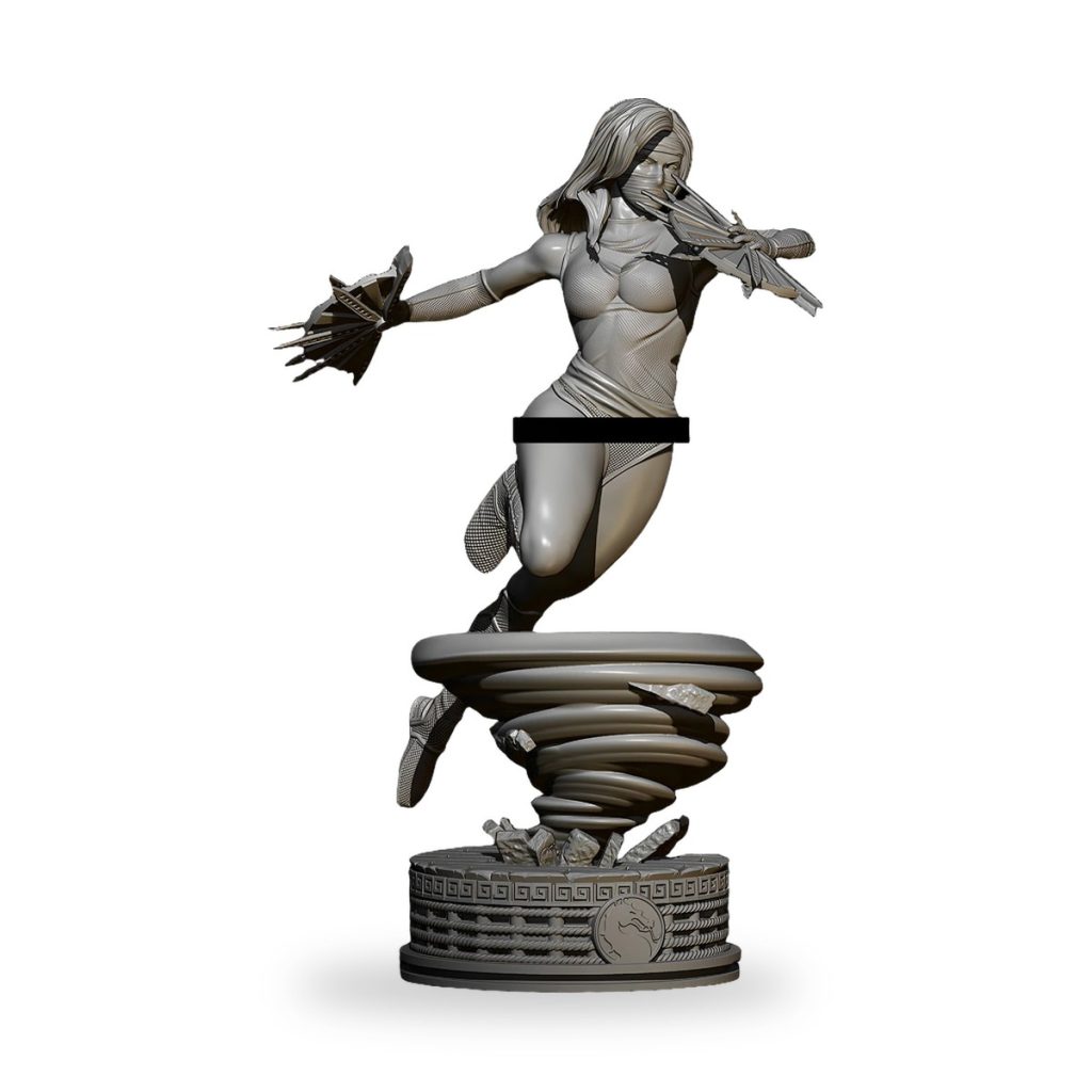 Unpainted Mortal Kombat Ninja Girl figure with fans on swirling base.