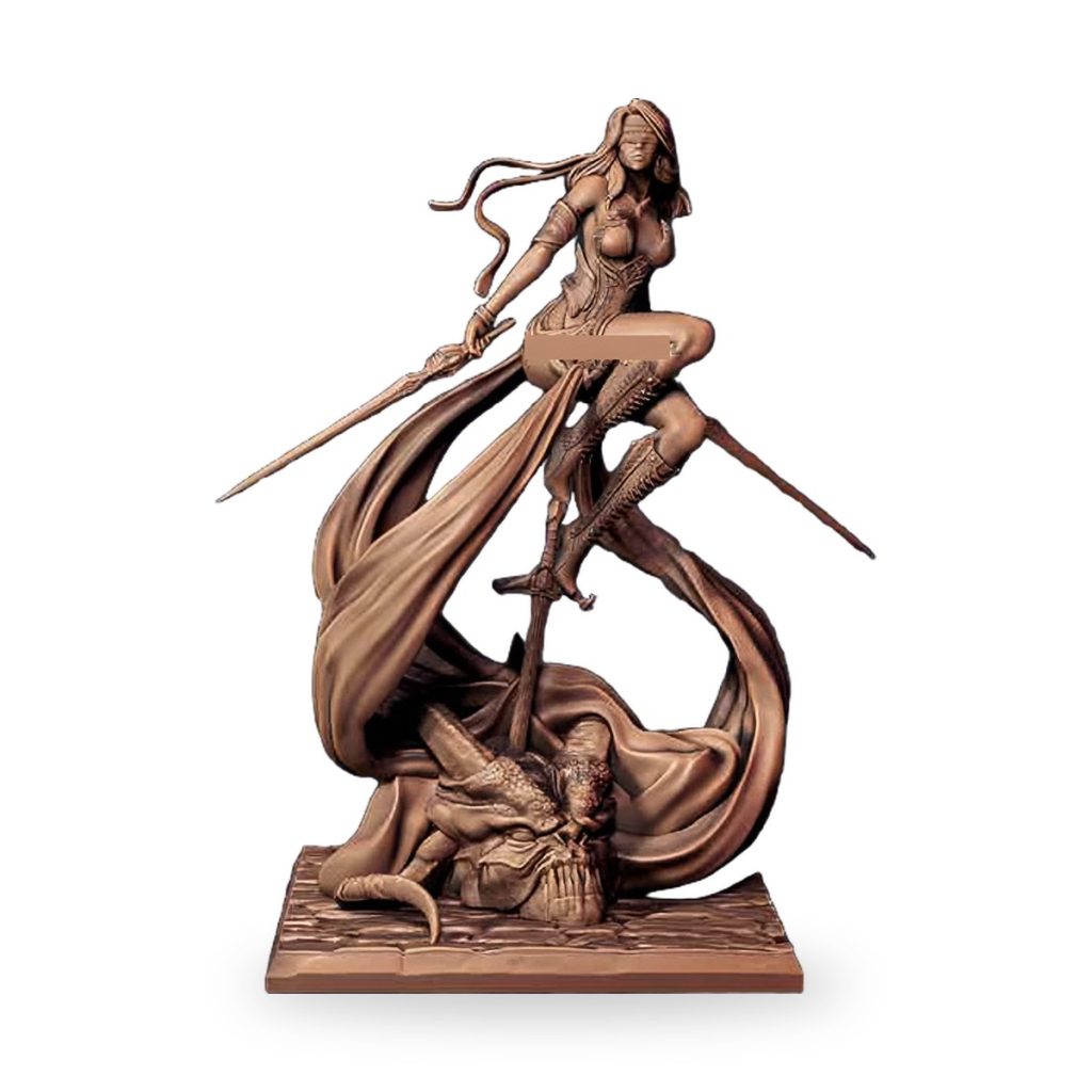 Unpainted blindfolded female warrior statue standing on defeated dragon base.