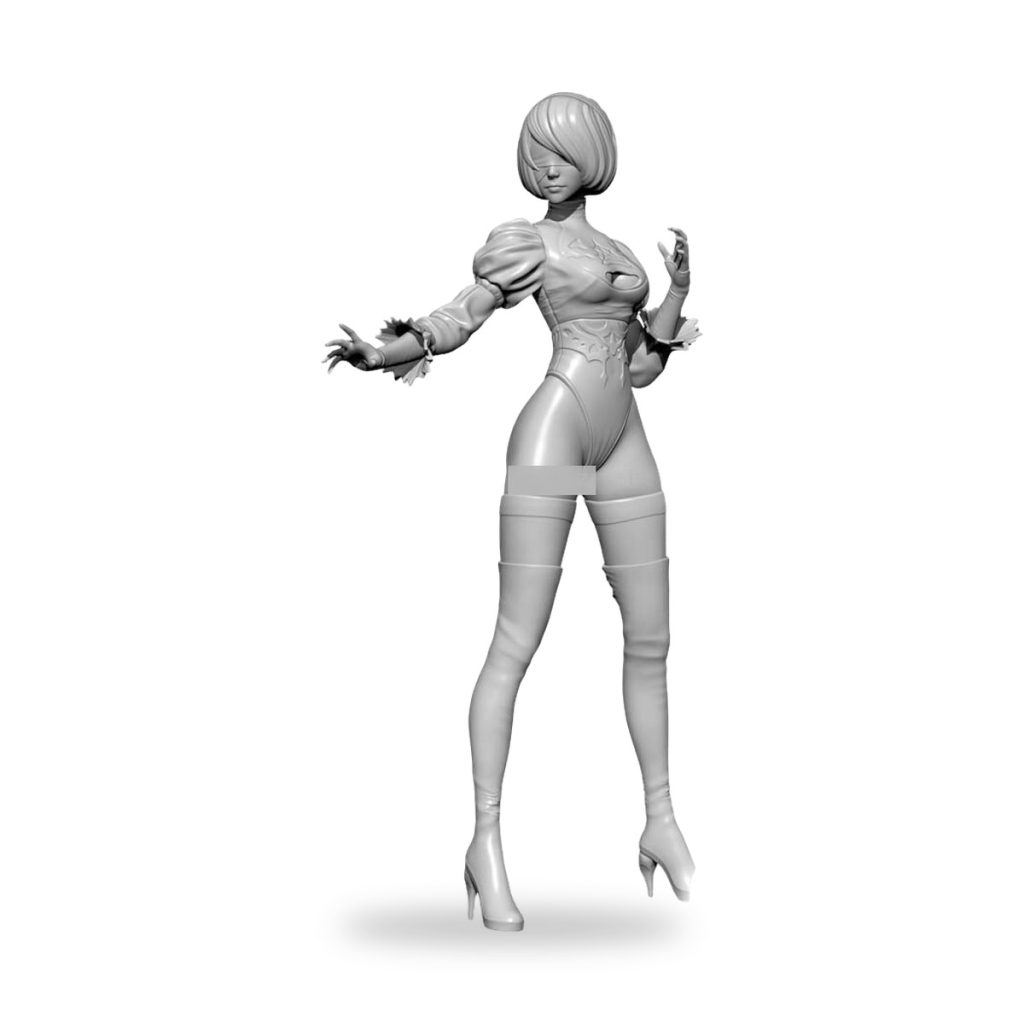 Unpainted female assassin figure with blindfold and high heels in dynamic pose.