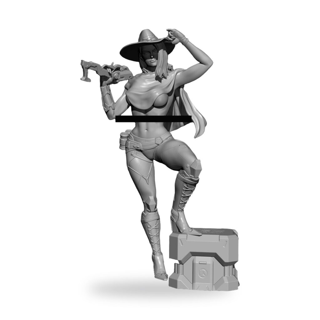 Unpainted cowgirl figure holding gun and tipping hat on block base.