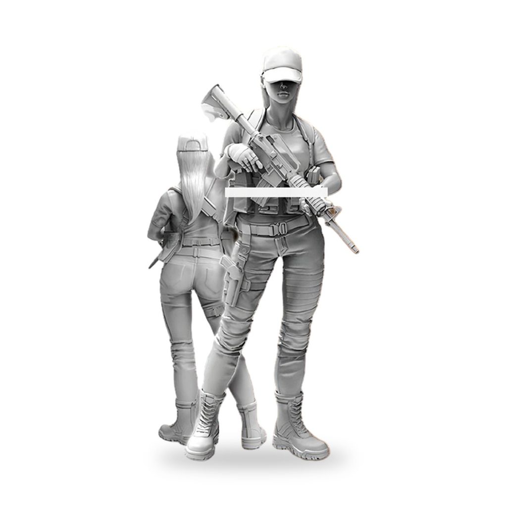 Unpainted female soldier figure holding rifle with tactical gear and boots.