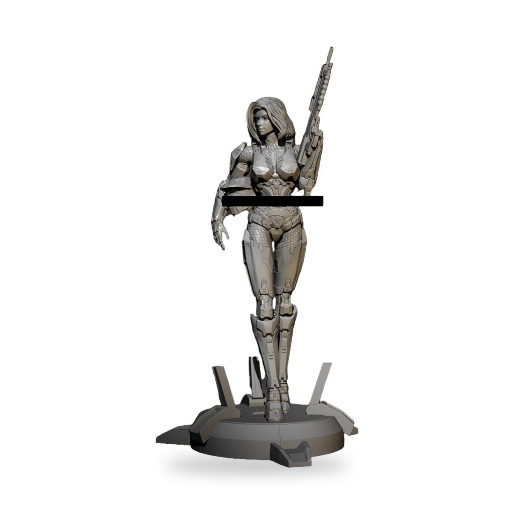 Unpainted sci-fi female soldier figure in armor holding rifle on base.