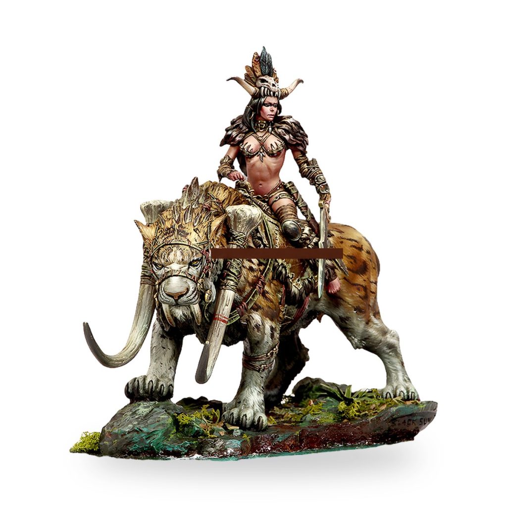Unpainted resin figure of warrior woman riding saber-toothed cat on rocky base.