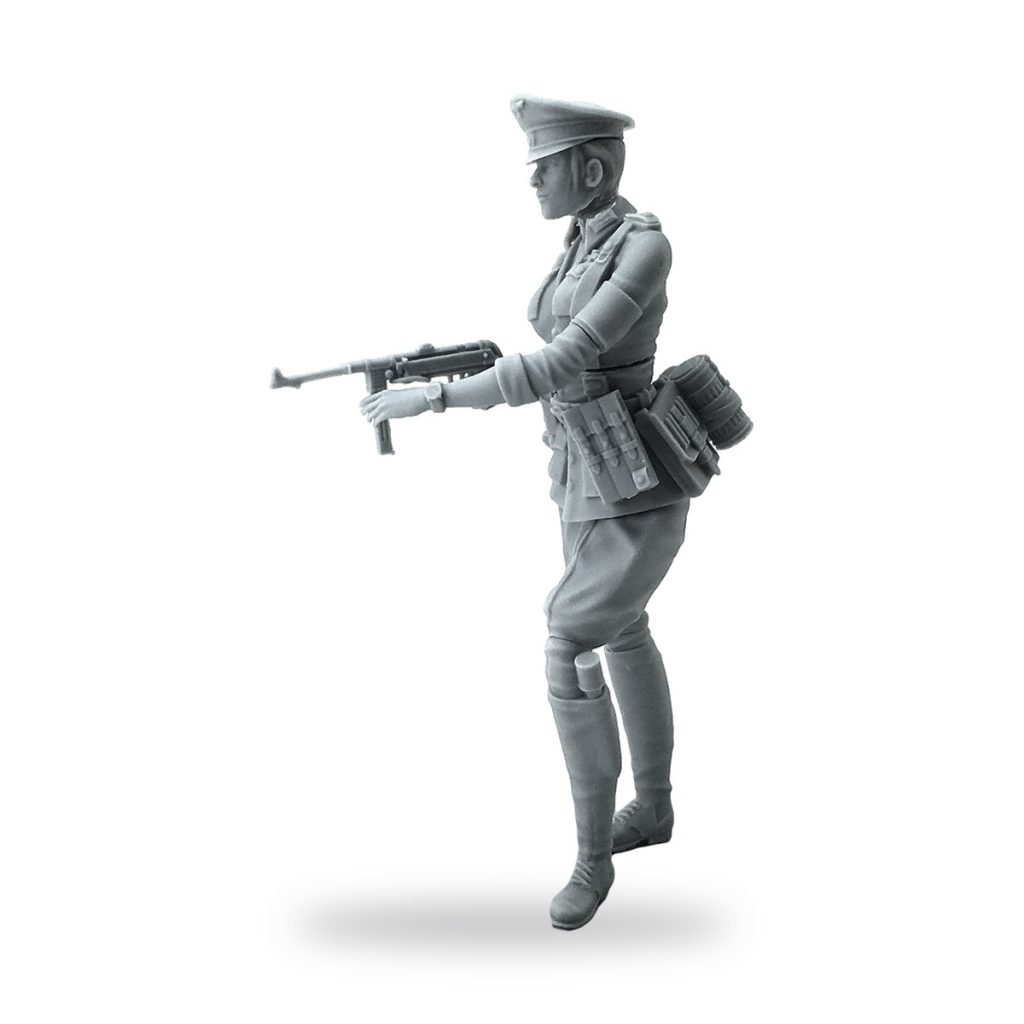Unpainted female officer soldier figure holding rifle with gear.