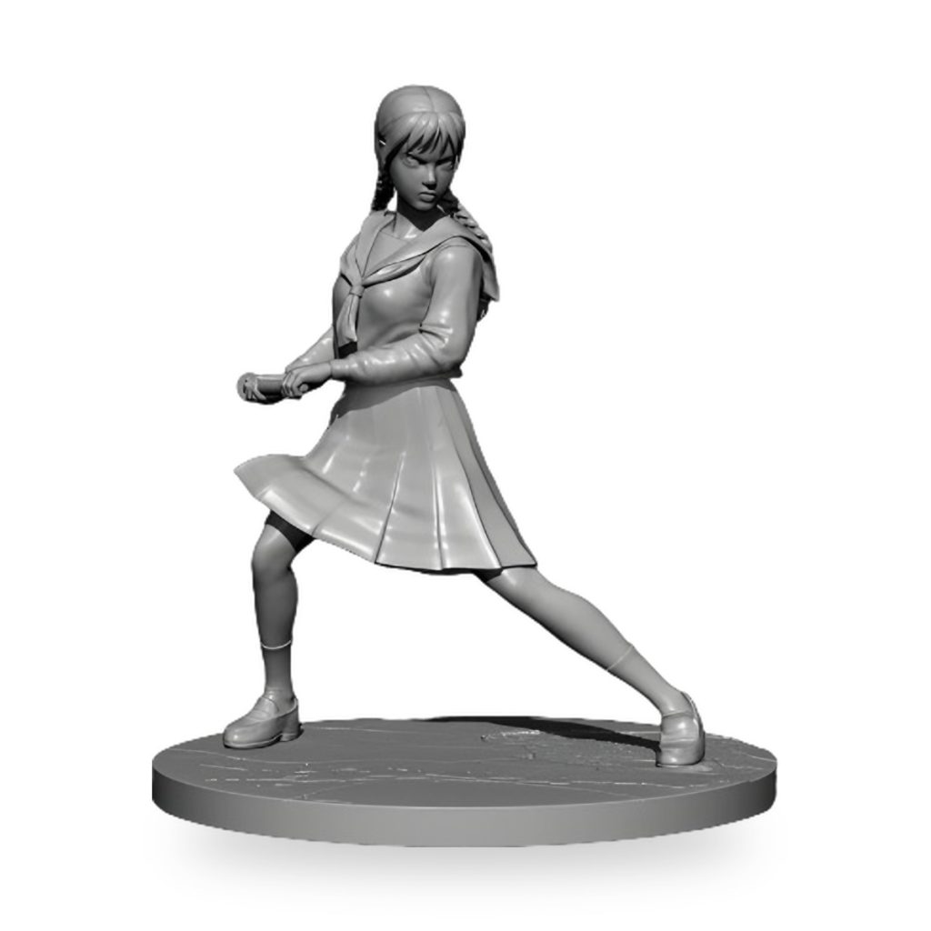 Unpainted Japanese schoolgirl assassin figure in dynamic pose holding katana.