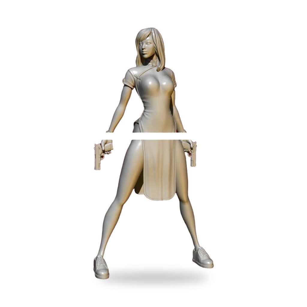 Unpainted resin figure of female assassin in cheongsam holding two pistols.