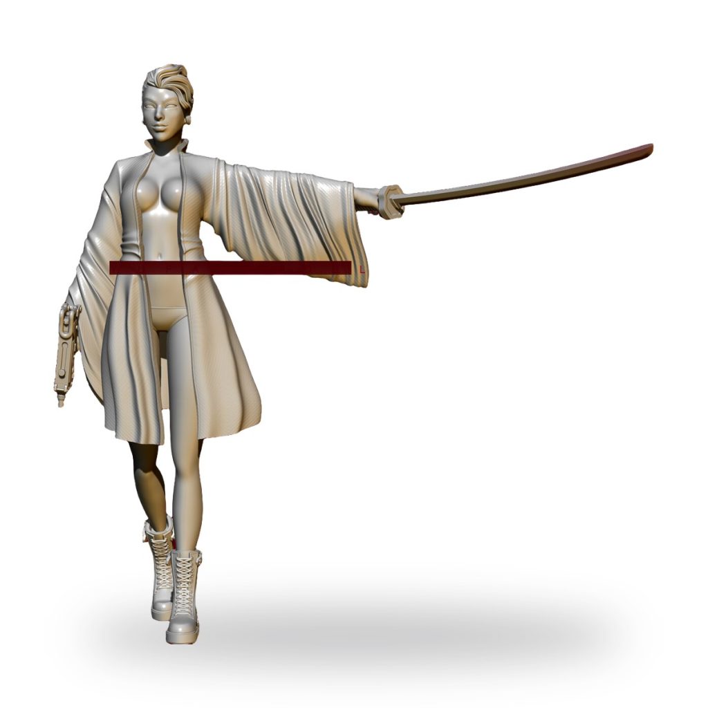 Unpainted female assassin figure in robe holding sword and pistol.
