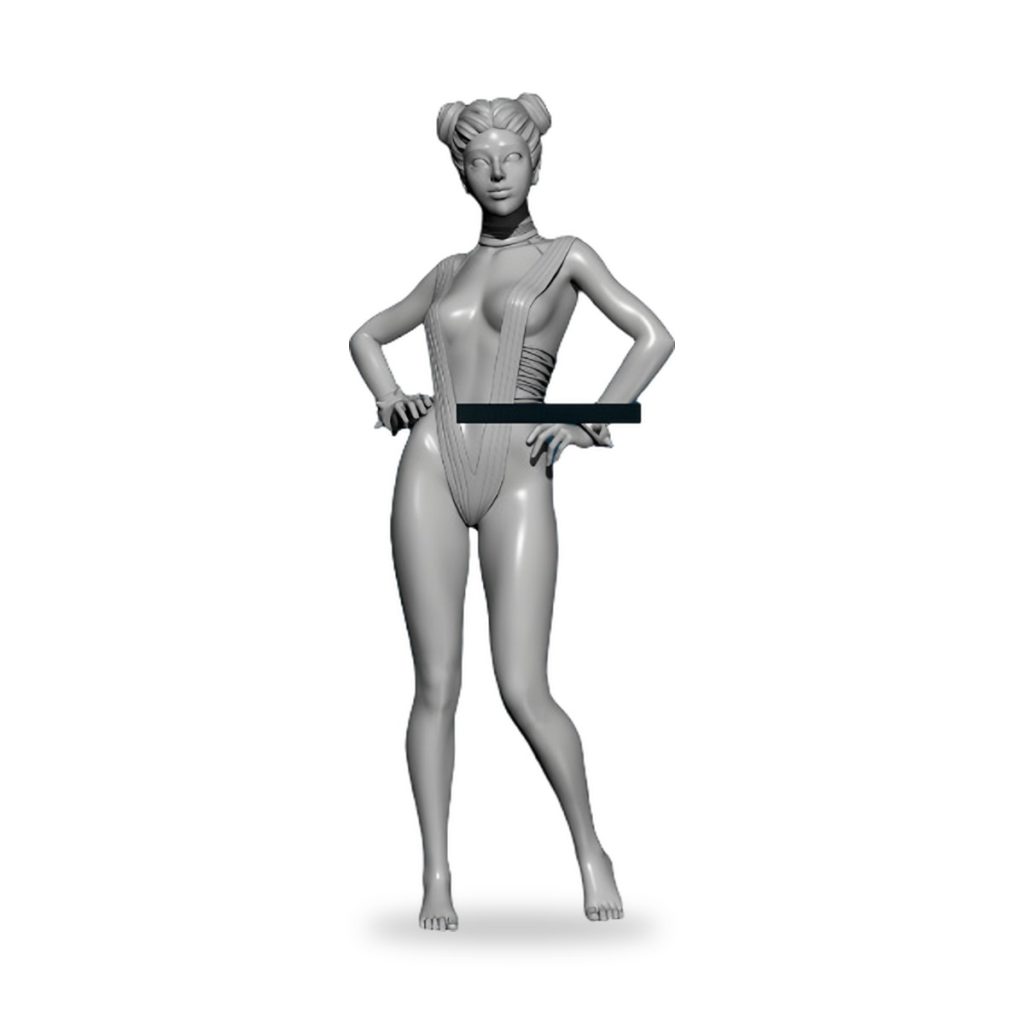 Unpainted female figure in swimsuit with hands on hips.