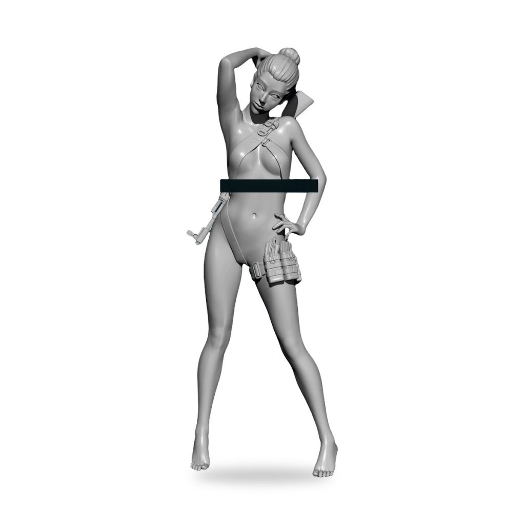 Unpainted female assassin in bikini with rifle and grenades.