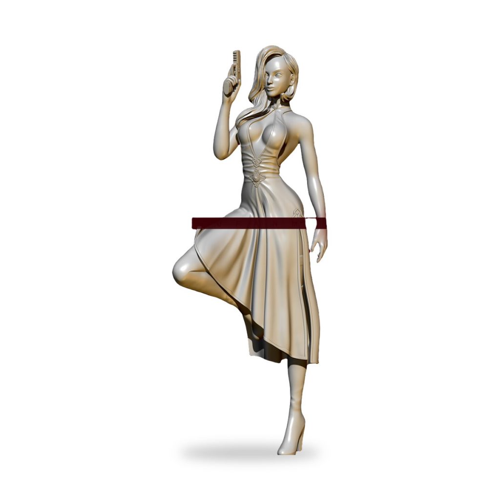 Unpainted resin figure of female assassin in cheongsam holding gun.
