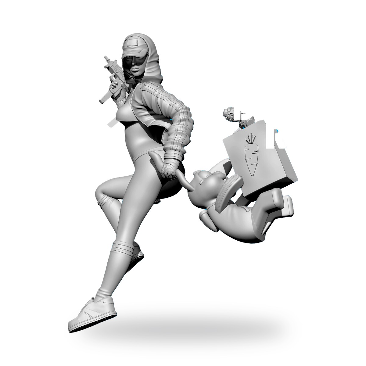 Unpainted resin figure of female shooter holding bunny rabbit grenade.