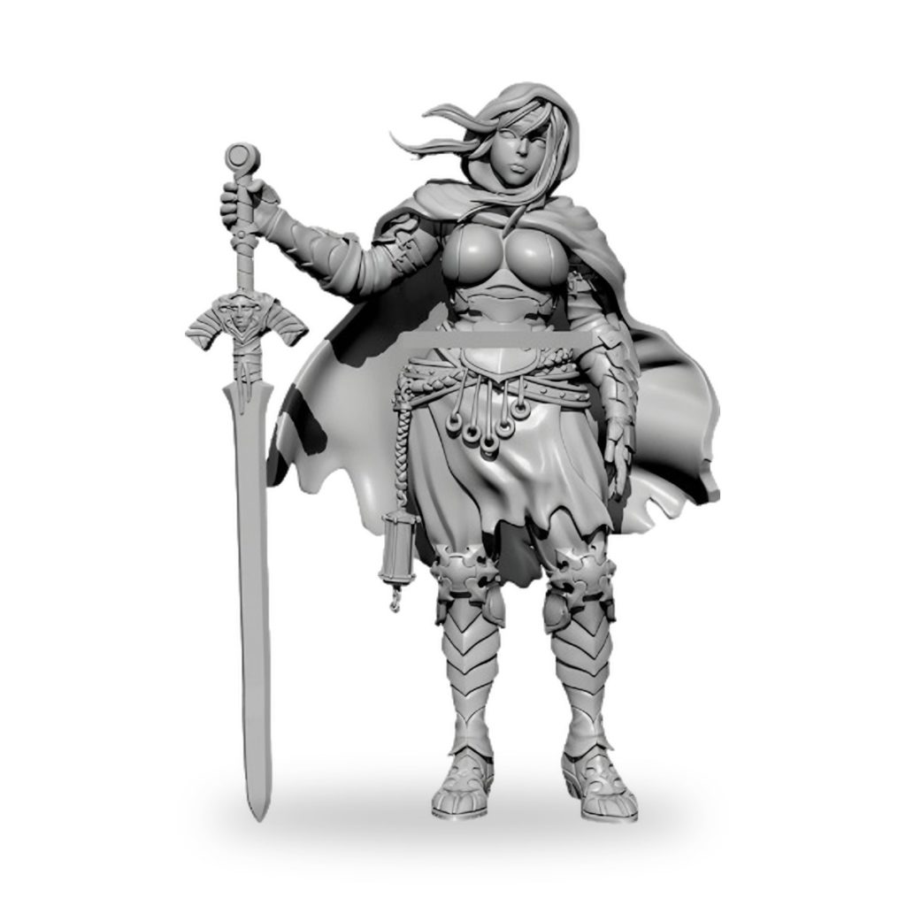 Unpainted female knight warrior holding sword and shield in fantasy armor.