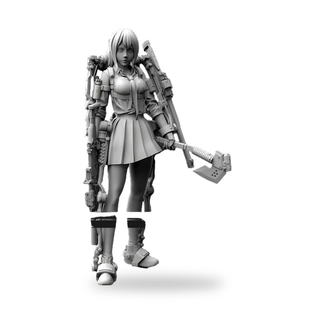Unpainted Japanese schoolgirl in mech exoskeleton holding axe and rifle.