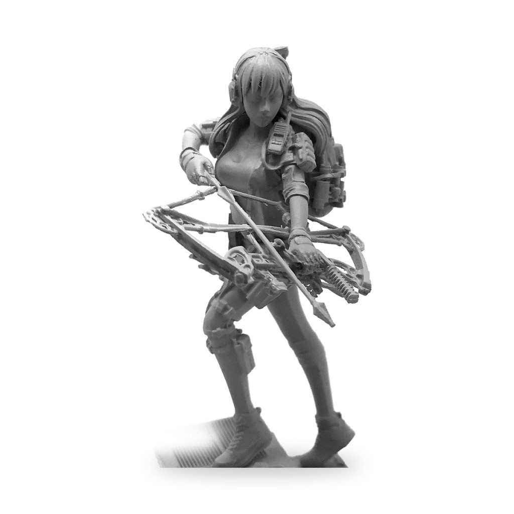 Unpainted female soldier holding crossbow rifle in combat stance.