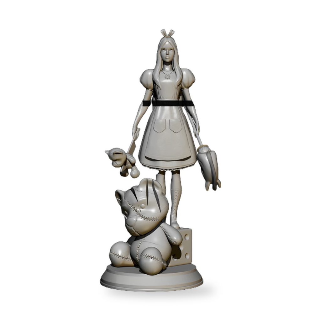 Unpainted Alice figure with teddy bear and rabbit on base.