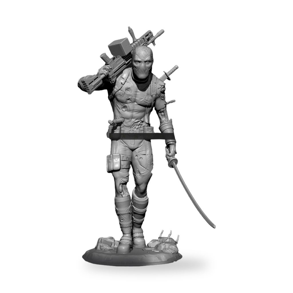 Unpainted Deathstroke figure with weapons and tactical gear on rocky base.