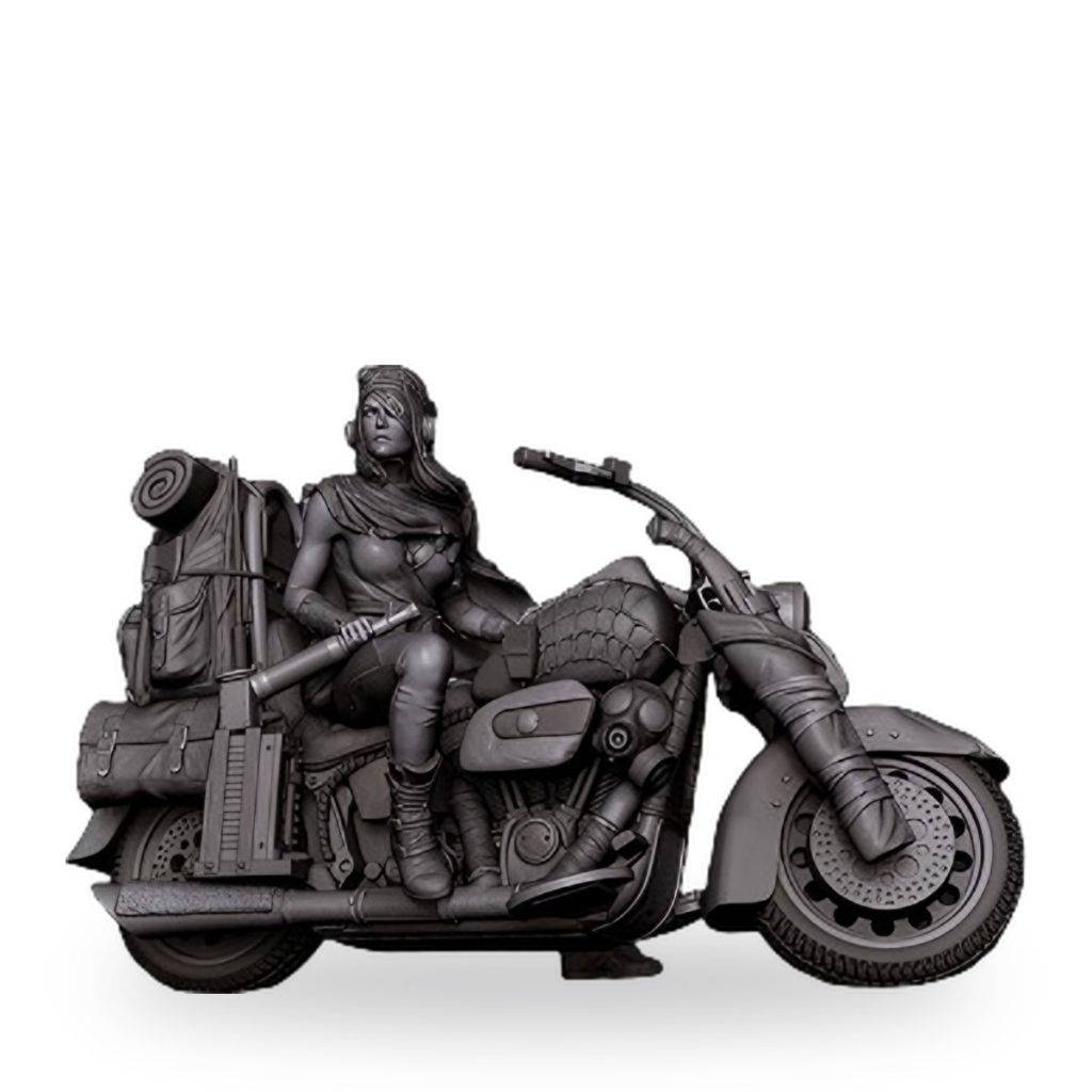 Unpainted resin figure of female biker on retro motorcycle with gear.