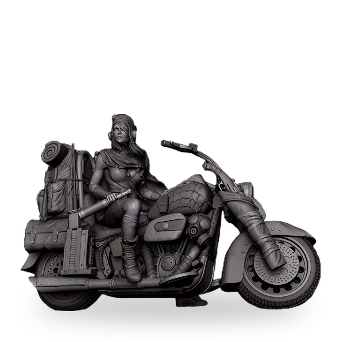 Unpainted resin figure of female biker on retro motorcycle with gear.