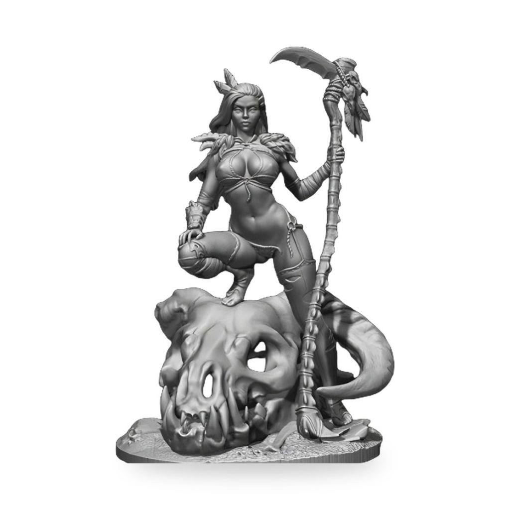 Unpainted female warrior huntress with staff and snake on skull base.