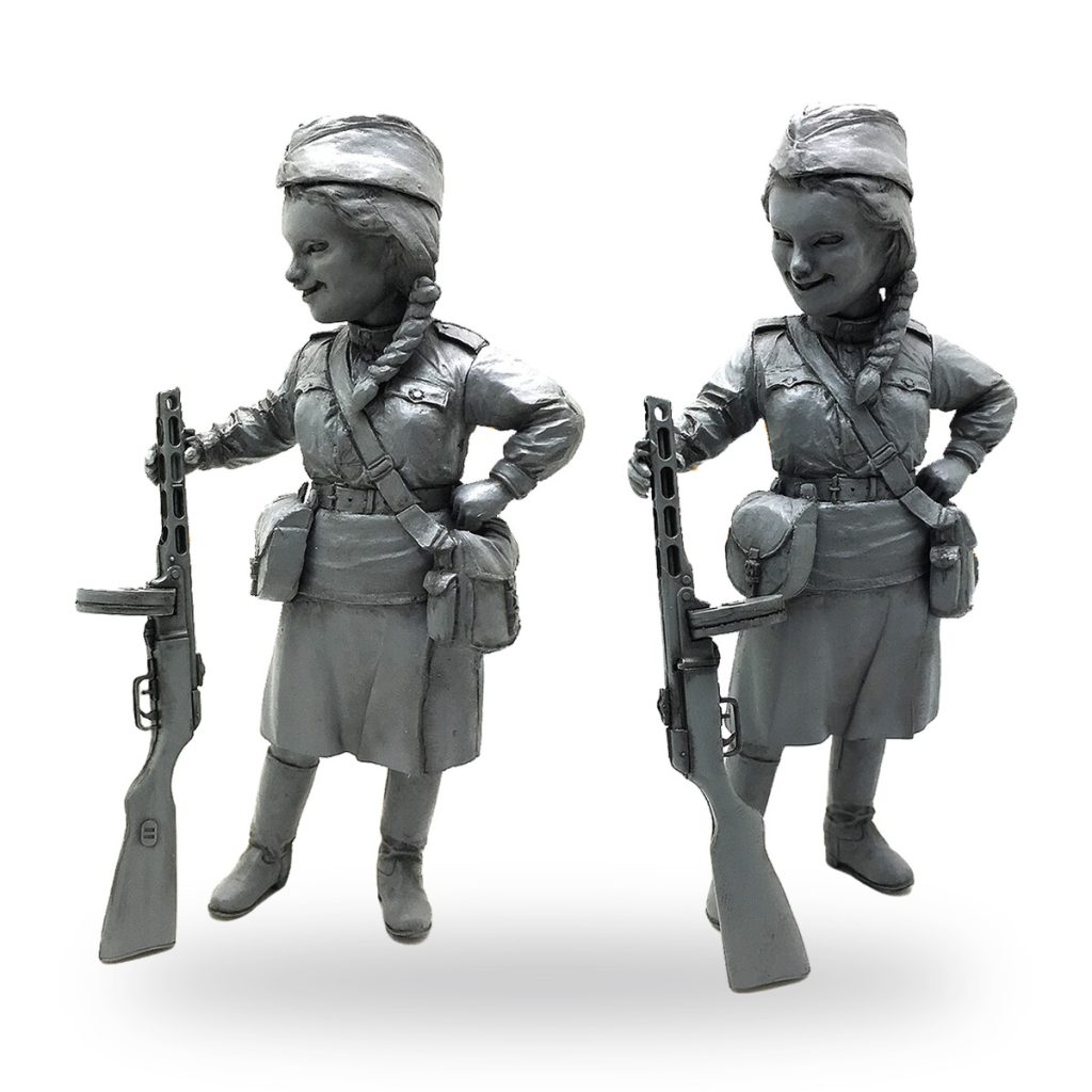 Unpainted Soviet female soldier WW2 rifle figure in uniform with gear and weapon.