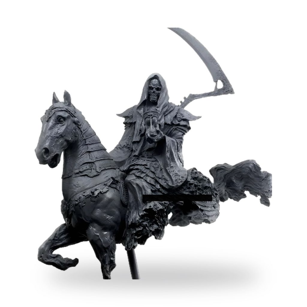 Unpainted Death Reaper figure on horseback holding scythe and hourglass.