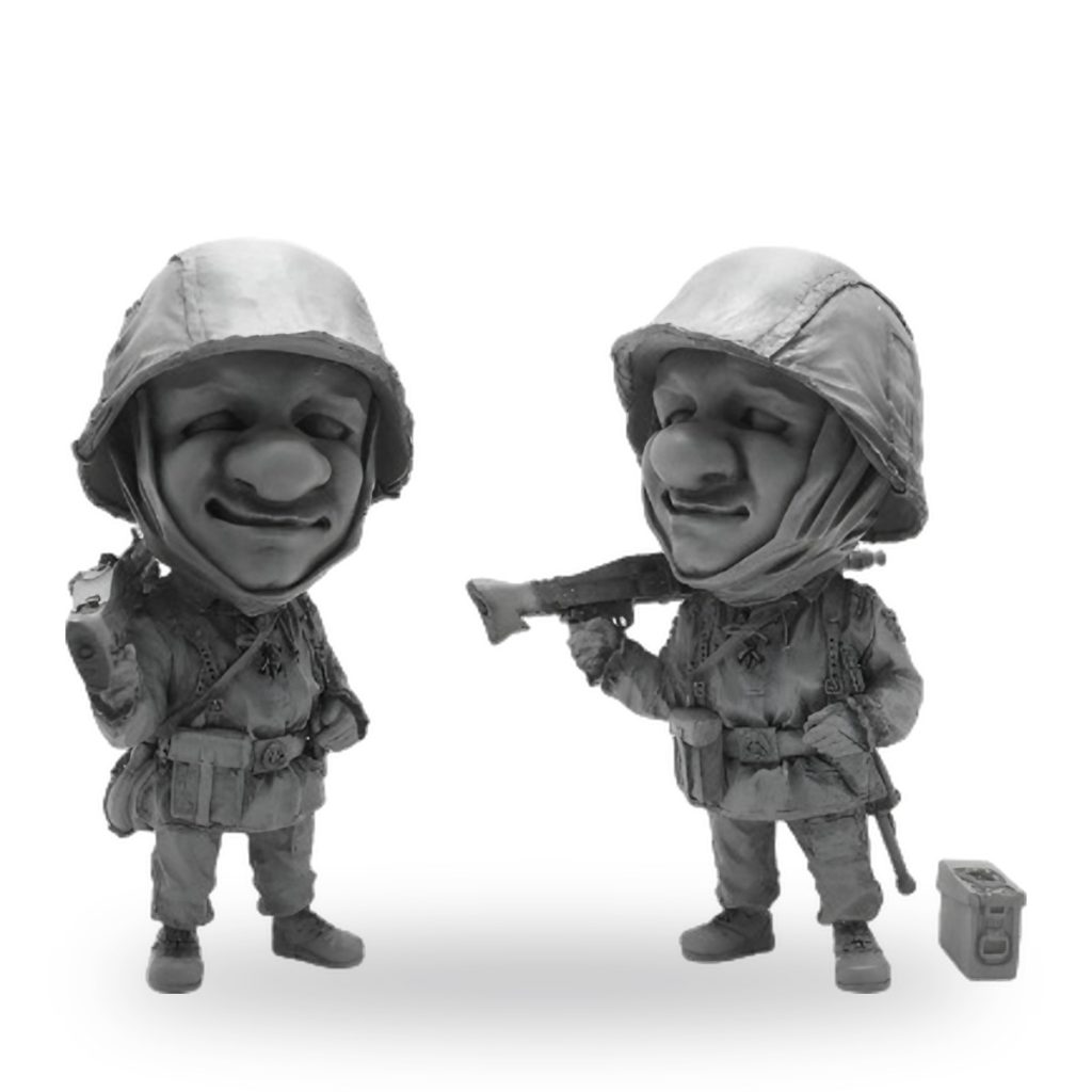 Unpainted 1/35 scale soldier machine gun shooter figure with helmet and ammo box.