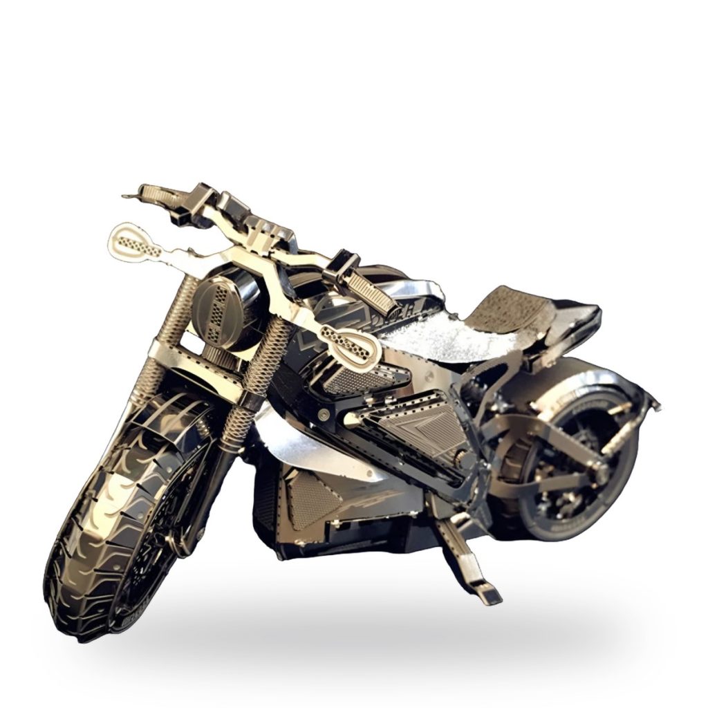 Unpainted metal motorcycle puzzle model with detailed parts and realistic design.