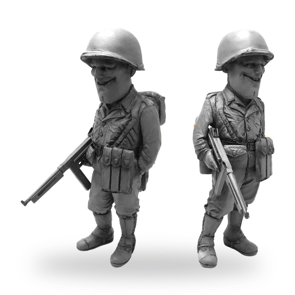 Unpainted WW2 US soldier officer rifle figure in helmet and uniform with ammo pouches.