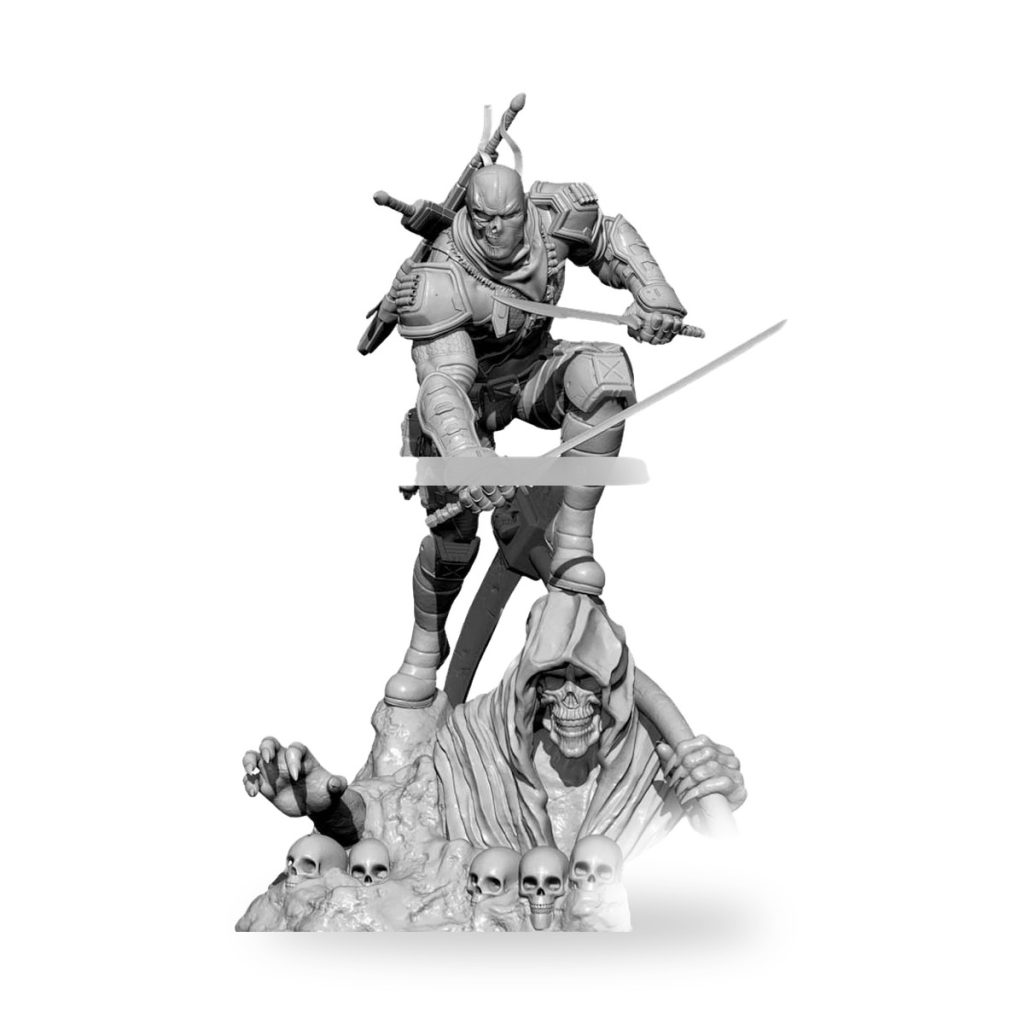 Unpainted mutant hero figure standing on grim reaper with skulls base.