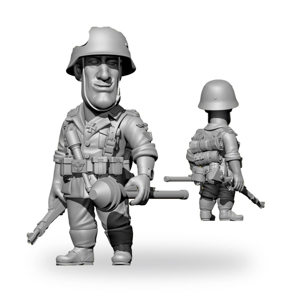 Unpainted WW2 German anti-tank soldier figure with helmet and weapon.
