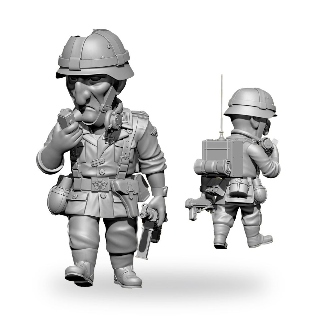 Unpainted WW2 German radio soldier figure with helmet and gear.