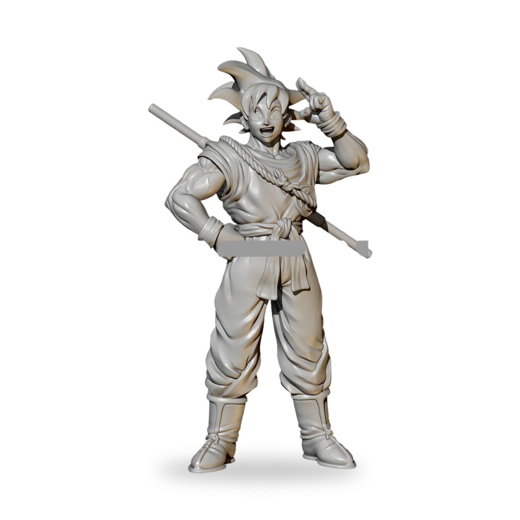 Unpainted Son Goku Saiyan figure with staff and hand gesture.