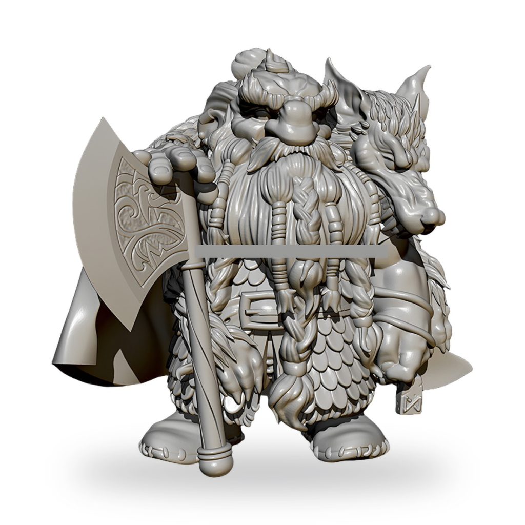 Unpainted fantasy dwarf hunter with battle axe and wolf companion.