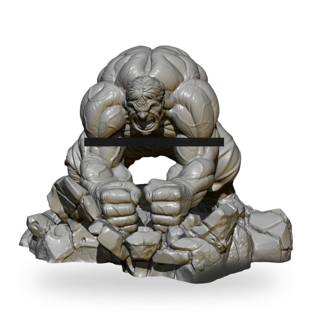 Unpainted Hulk figure crouching on rocky base with clenched fists.